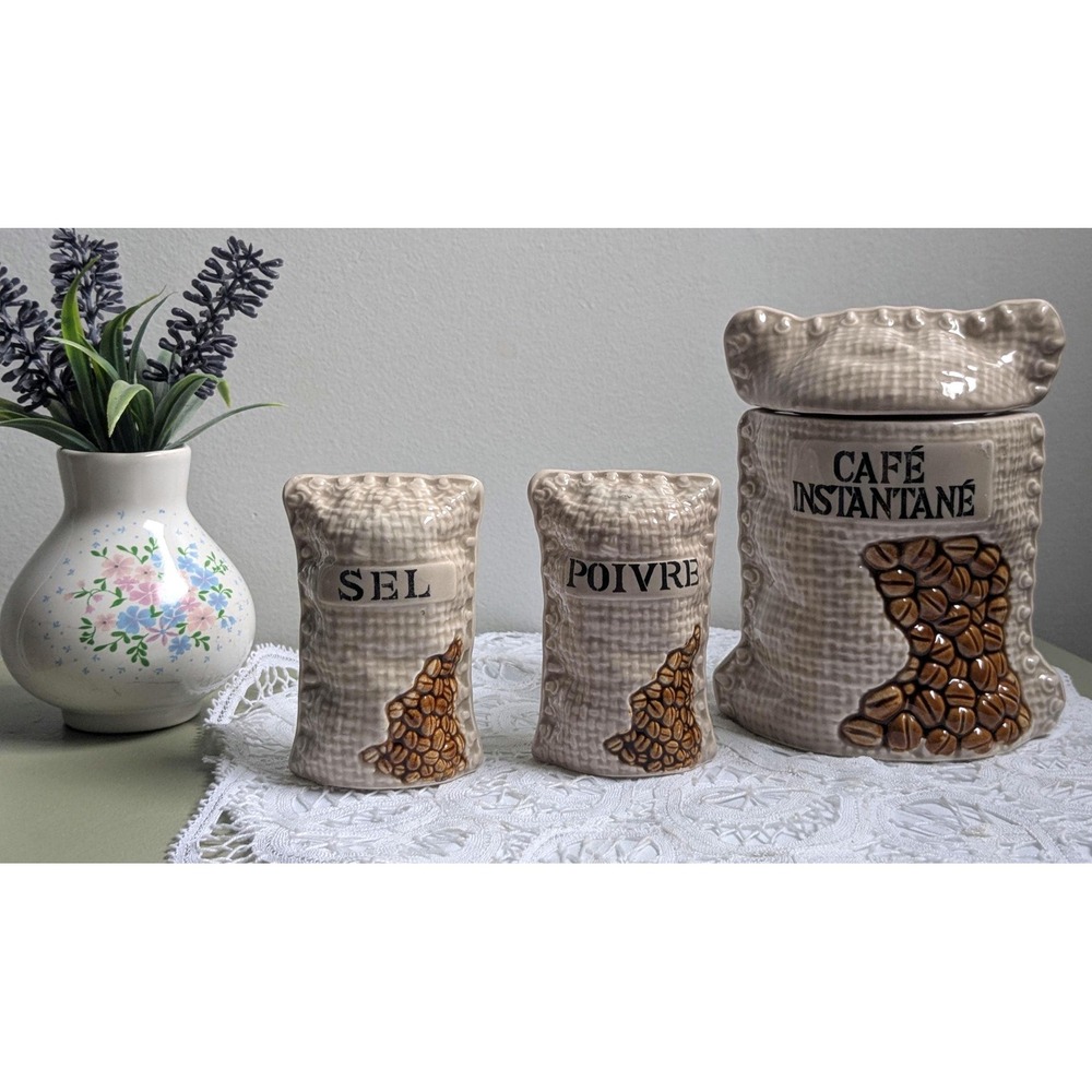 Vintage Japan Coffee Canister Salt Pepper Set Ceramic Burlap Kitchen Decor